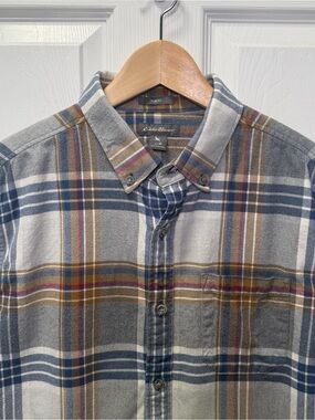 Eddie Bauer Long Sleeves Mens Med Slim Fit 100% Cotton Plaid Button Down Gray